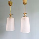 Pair of Mid Century Pendant Lights in Brass and Clear Crackle Glass, 1950s