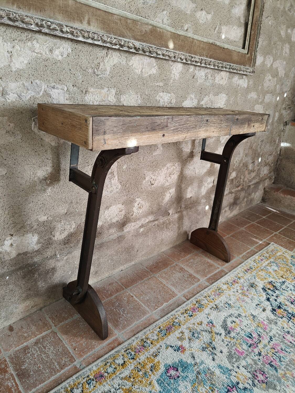 Oak and cast iron console, unique piece.