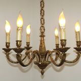 French Art Nouveau Bronze 6 Light Chandelier with Scroll Arms and Leaf Details 5583