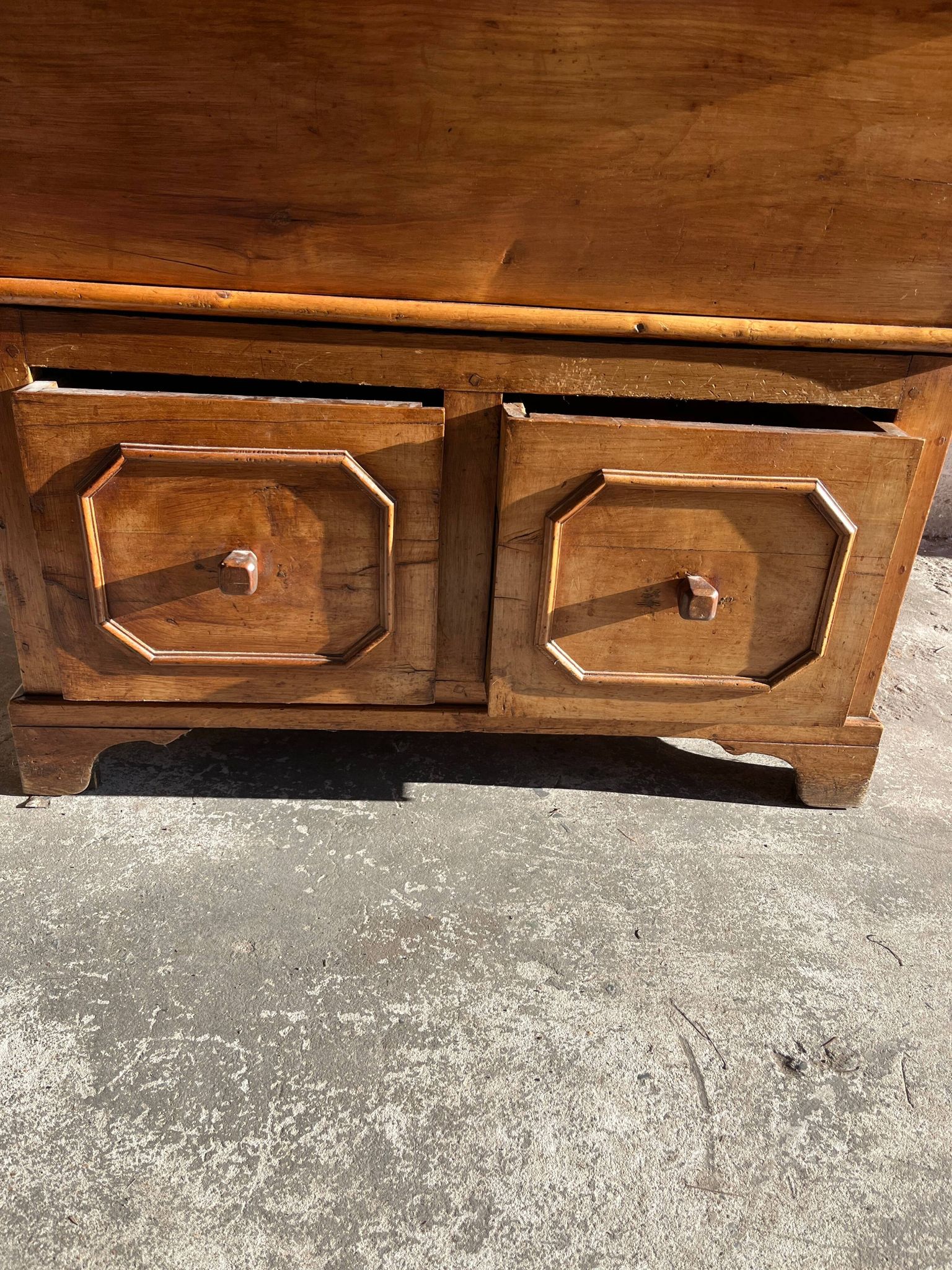 Old wooden baker's chest with storage drawers