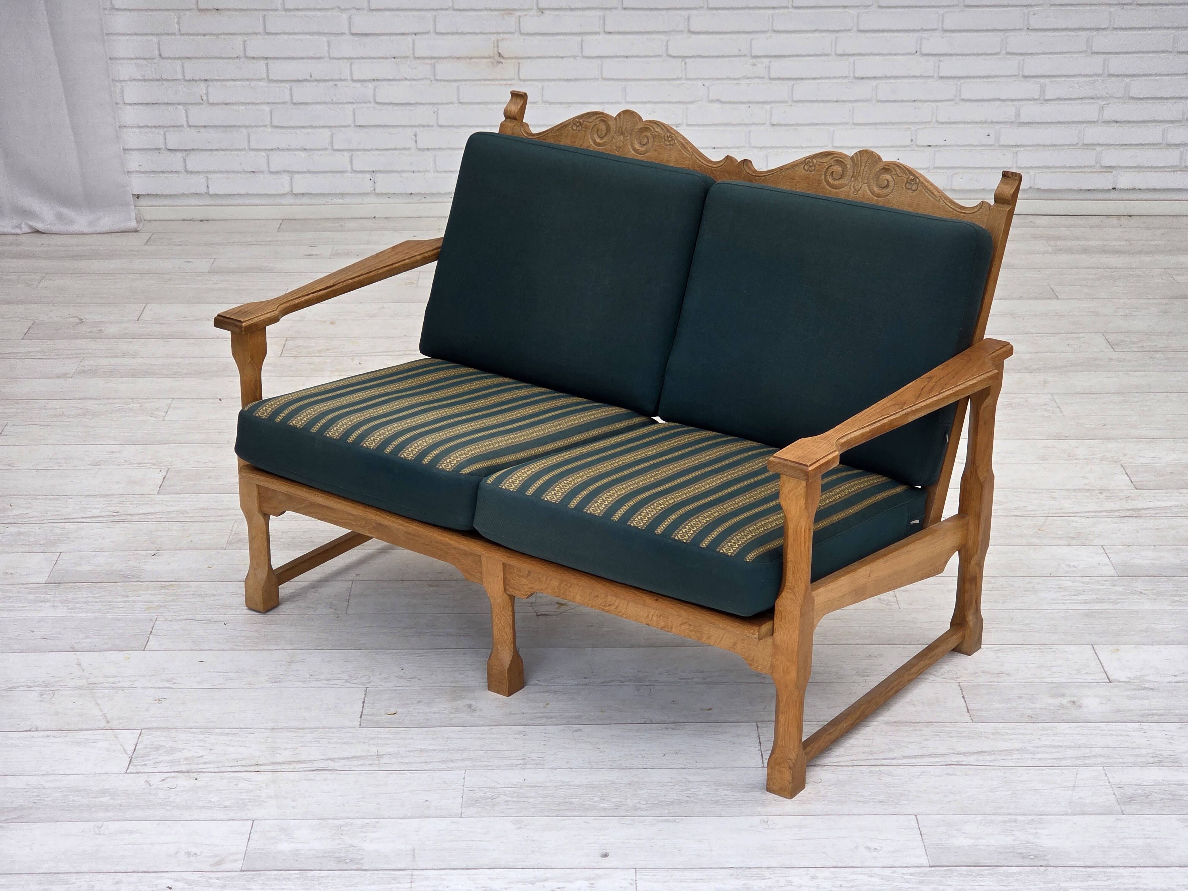 1970s, Scandinavian 2-seater sofa, furniture wool, solid oak wood.