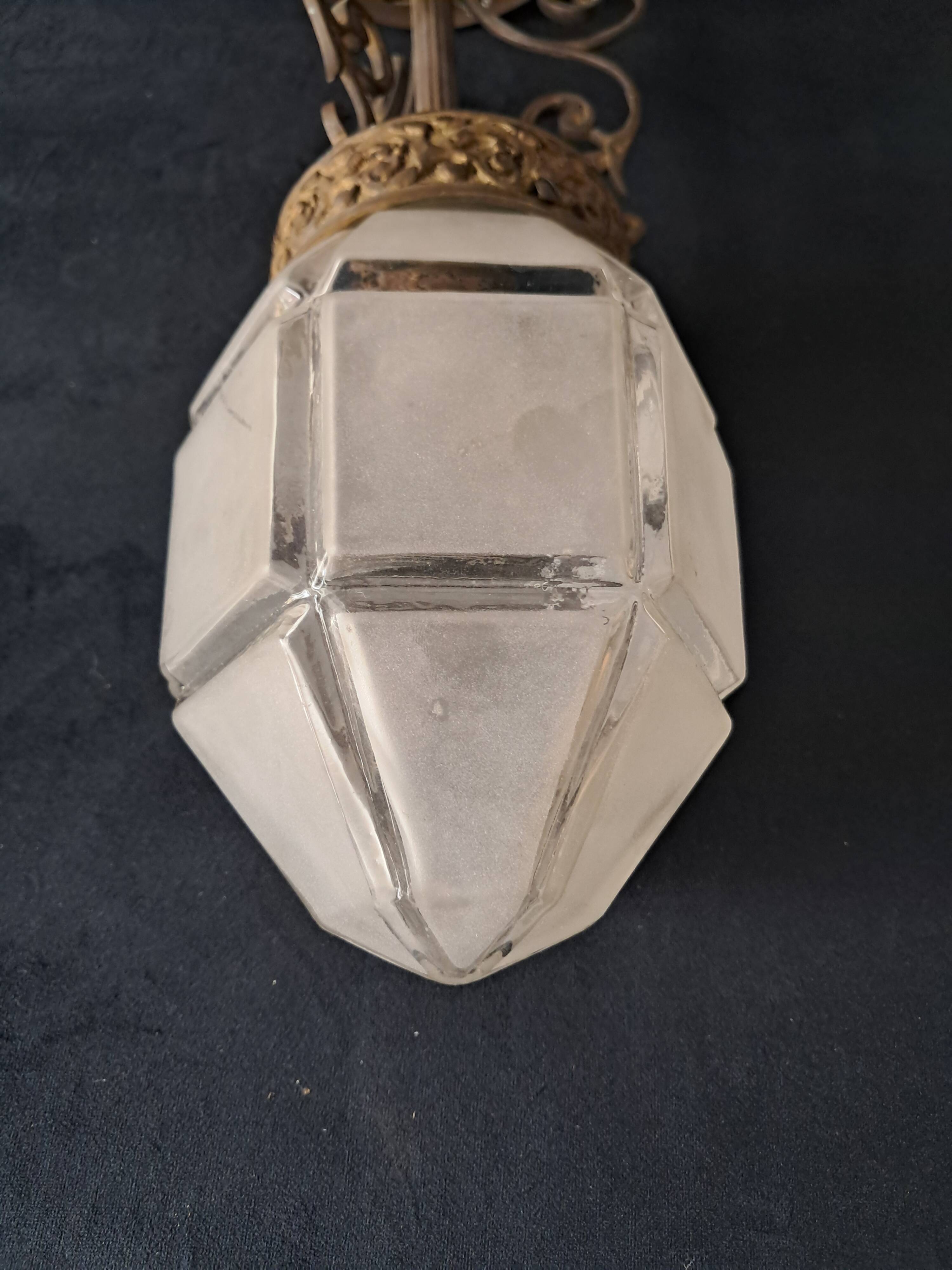 Art Deco Metal Pendant Lamp with Frosted Glass Globe