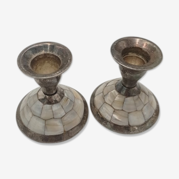 Pair of mother-of-pearl candle holders