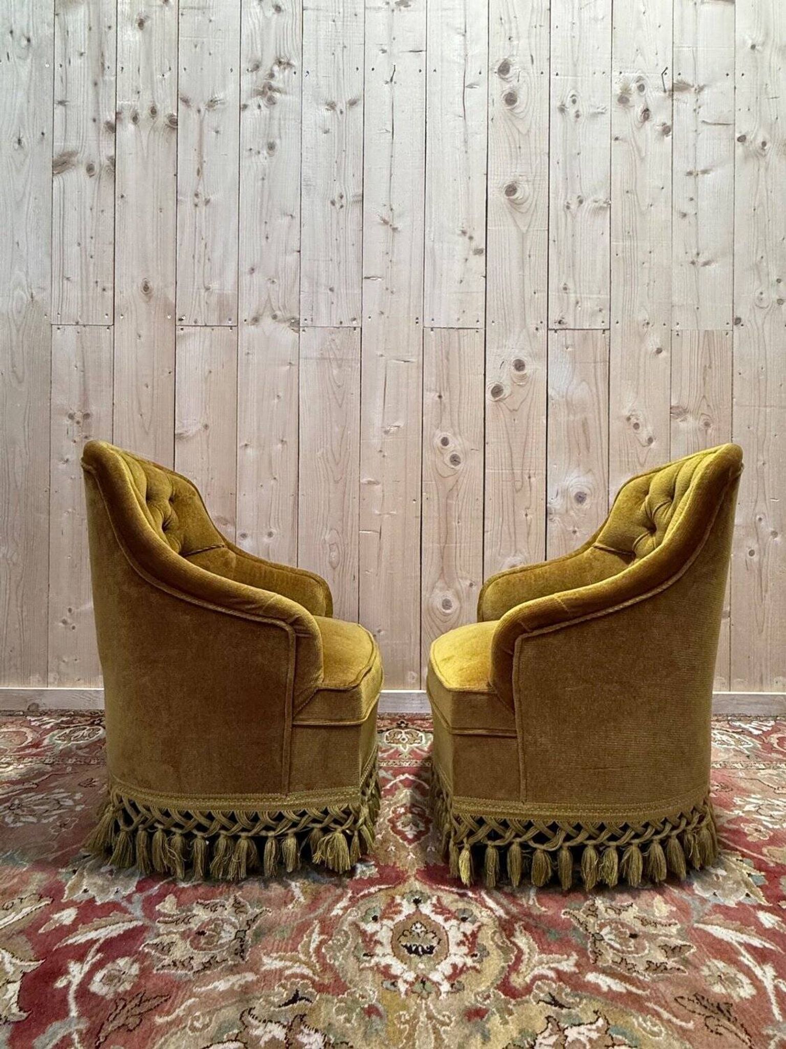 Pair of Napoleon III crapaud armchairs in mustard yellow velvet.