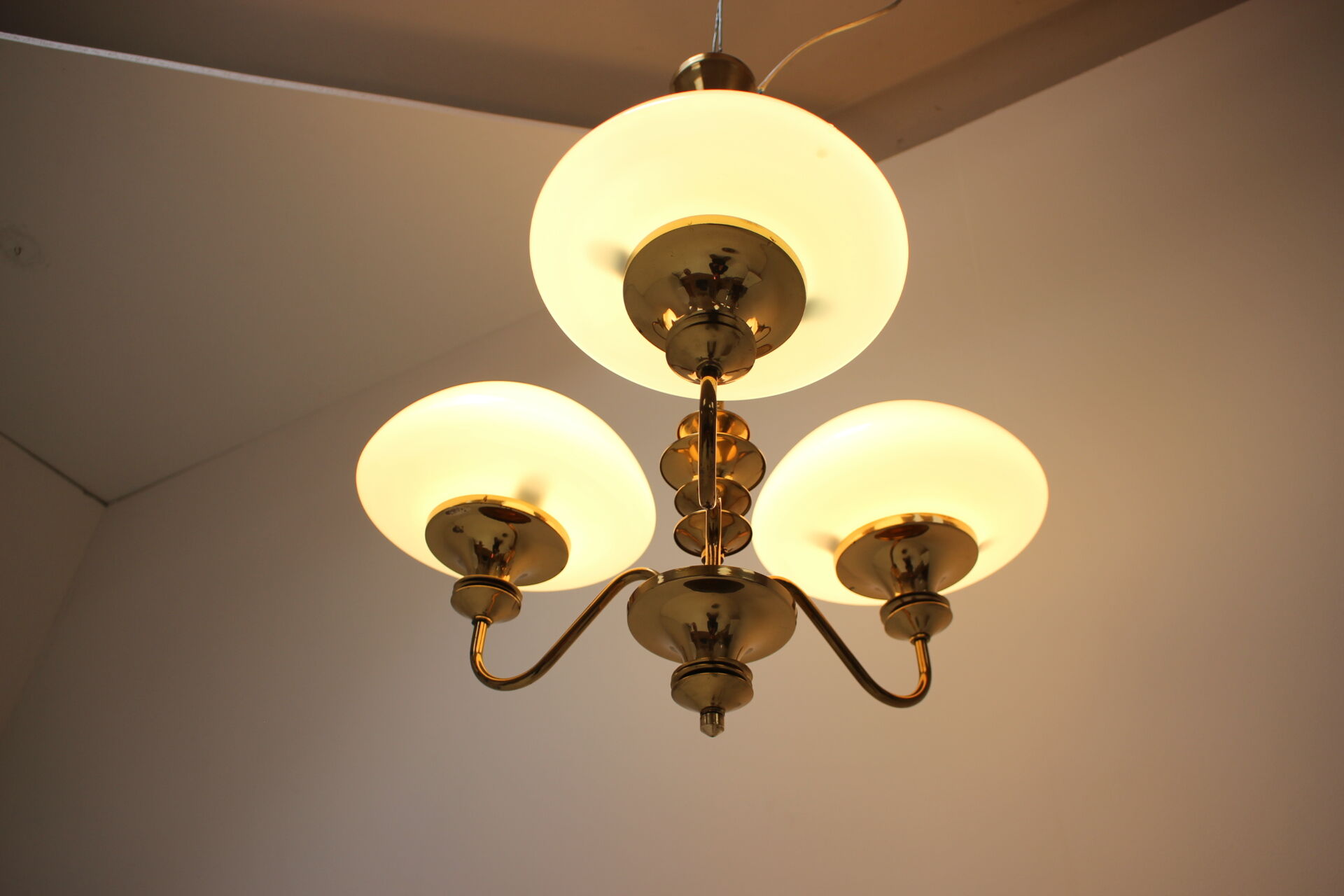 Mid-Century Brass Chandelier, Czechoslovakia, 1970s, Made in Jablonec Glassworks