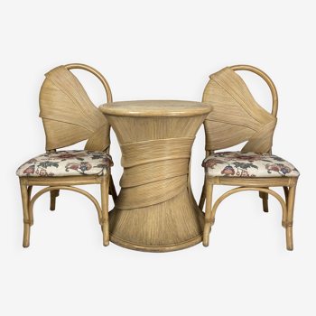 Ensemble feuilles de palmier crayon roseau rotin bambou chaises et table à la manière de Vivai del Sud, années 1980