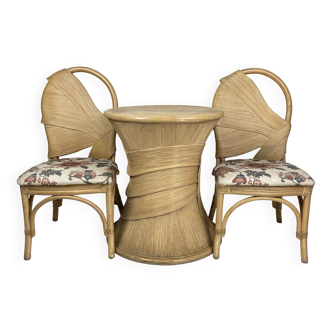 Ensemble feuilles de palmier crayon roseau rotin bambou chaises et table à la manière de Vivai del Sud, années 1980