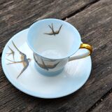 Cup and its saucer in Limoges porcelain motif "swallows"