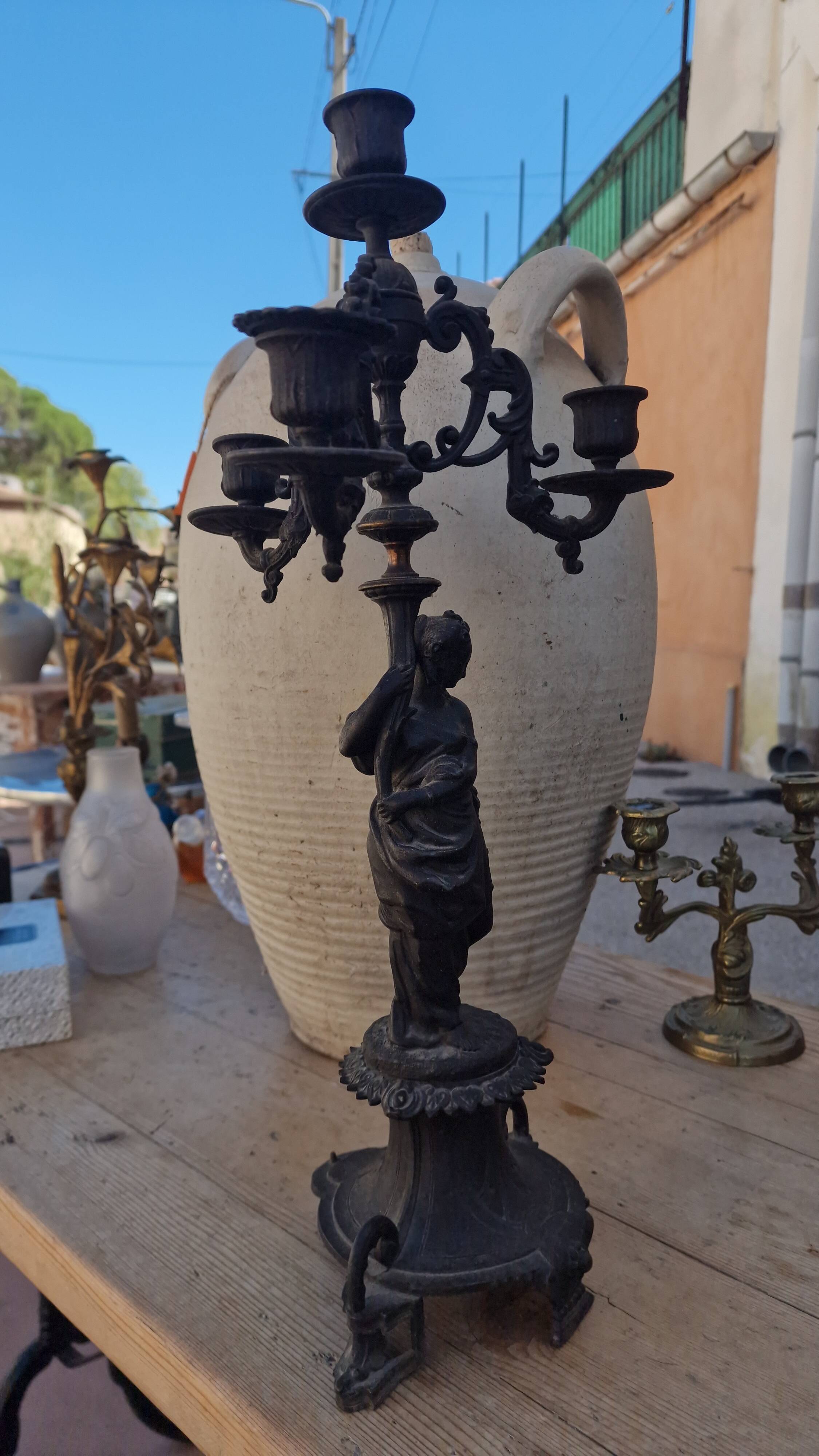 Large antique candelabra in black patinated babbitt – 19th century