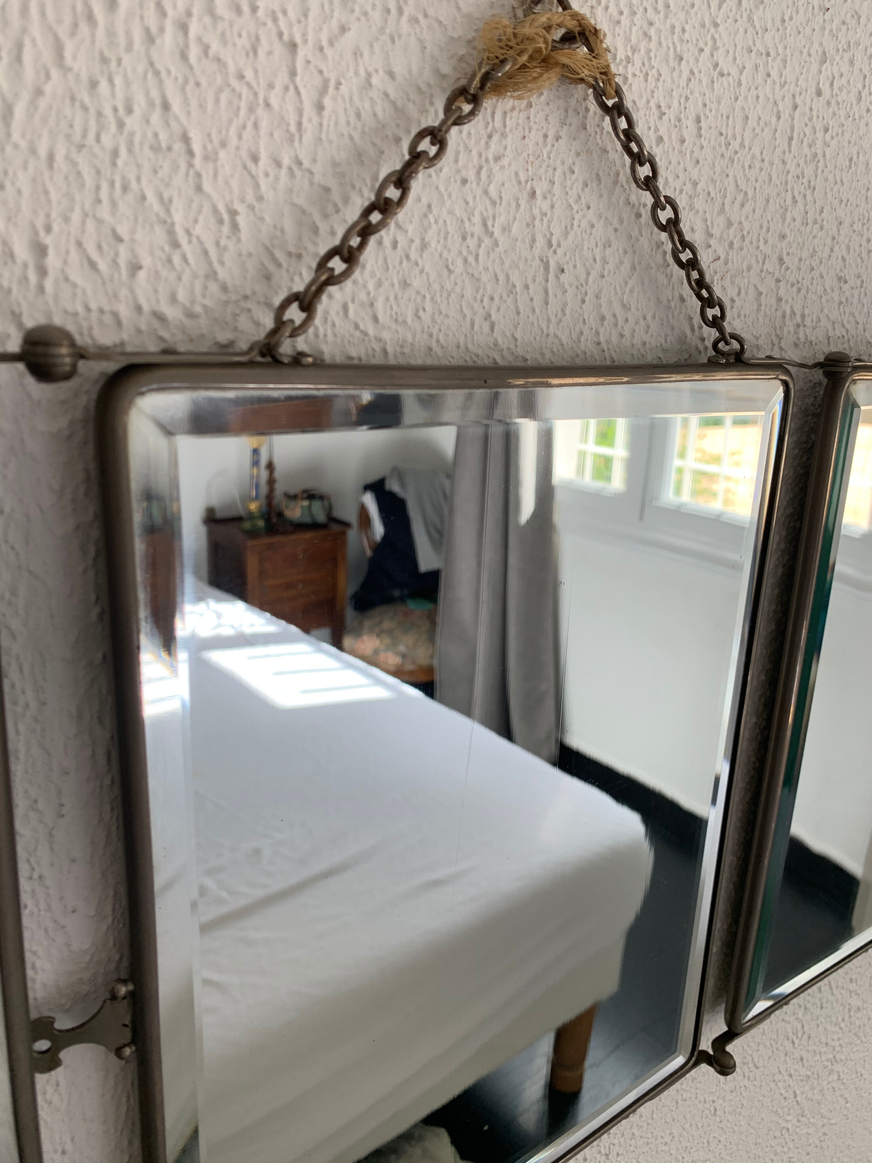 Vintage mirror 1930 triptych barber lime, 30 x 78 cm