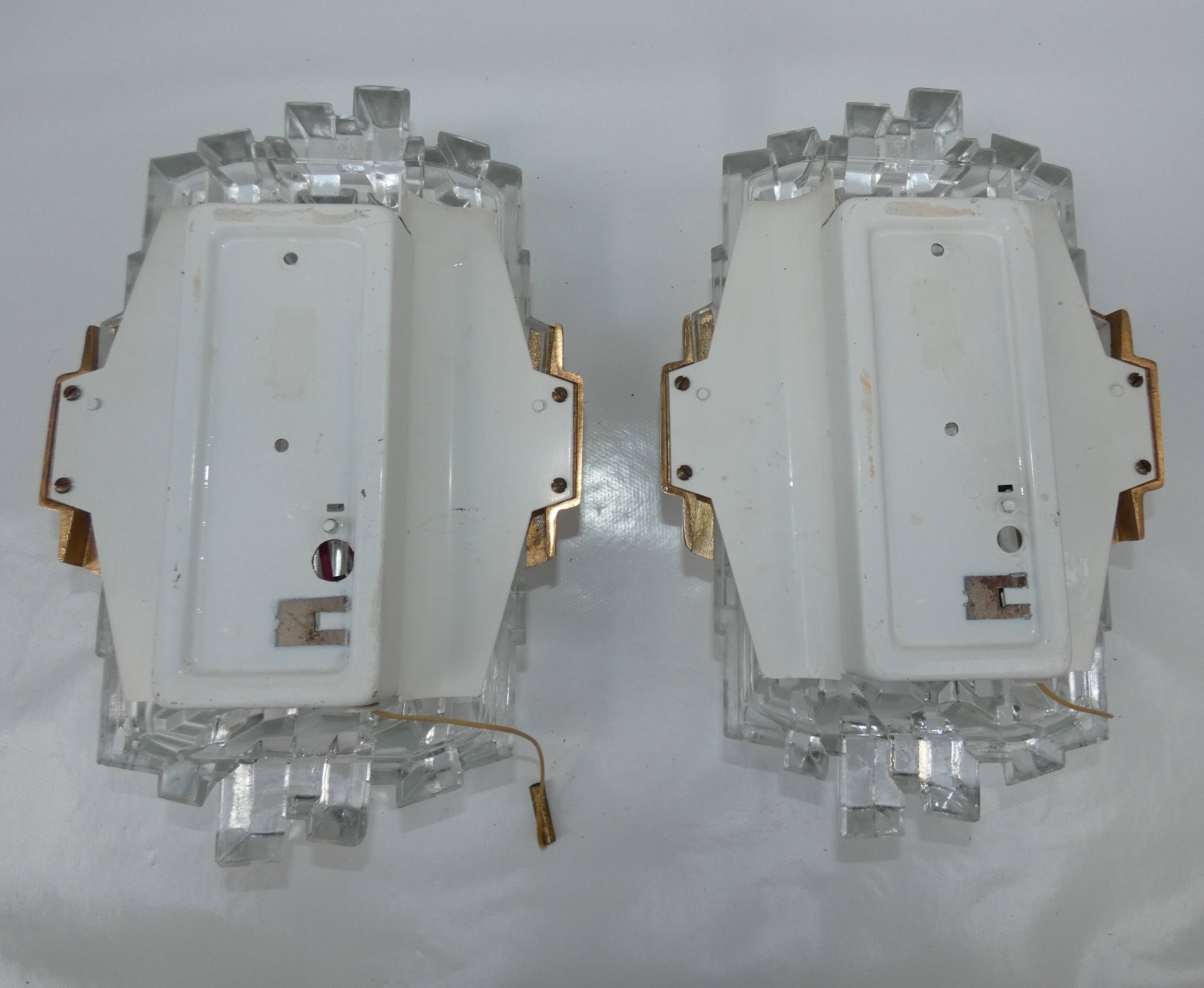 Pair of Wall Sconces Hillebrand Brass Glass Ice Cube Skycraper circa 1970