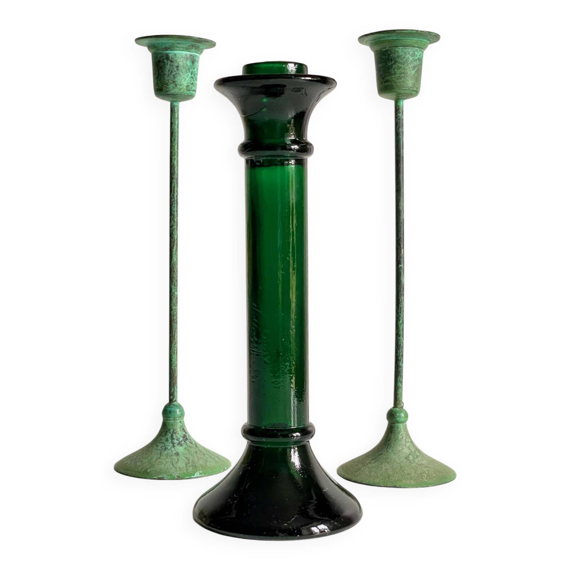 Vintage Glass and Metal Candlesticks Green