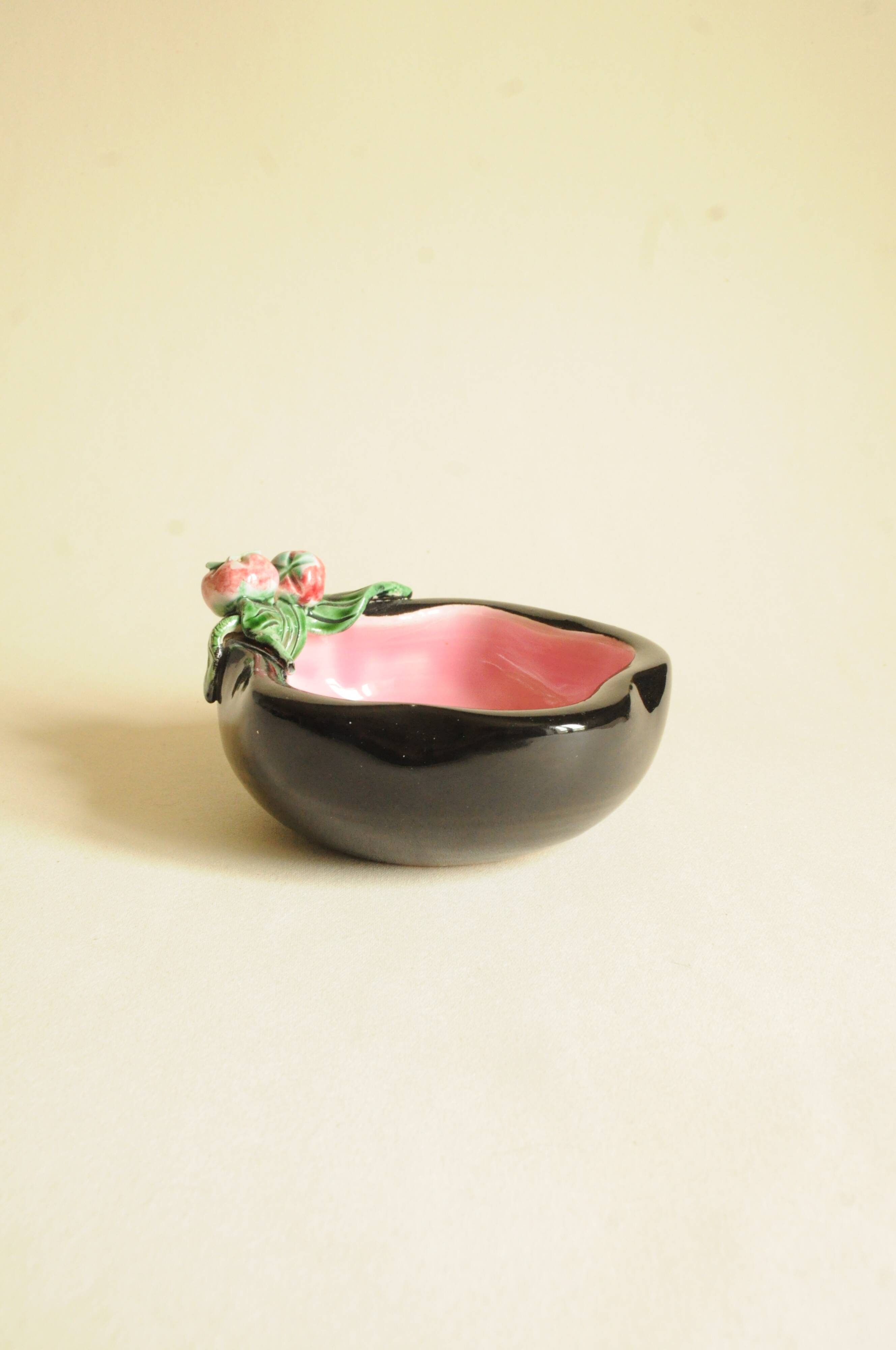 Black and Pink Ceramic Tomato Bowls — Keramos Sèvres, Mid-Century
