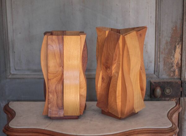 Paire de Vases bois sculptural, vase bois courbé, vase bois naturel