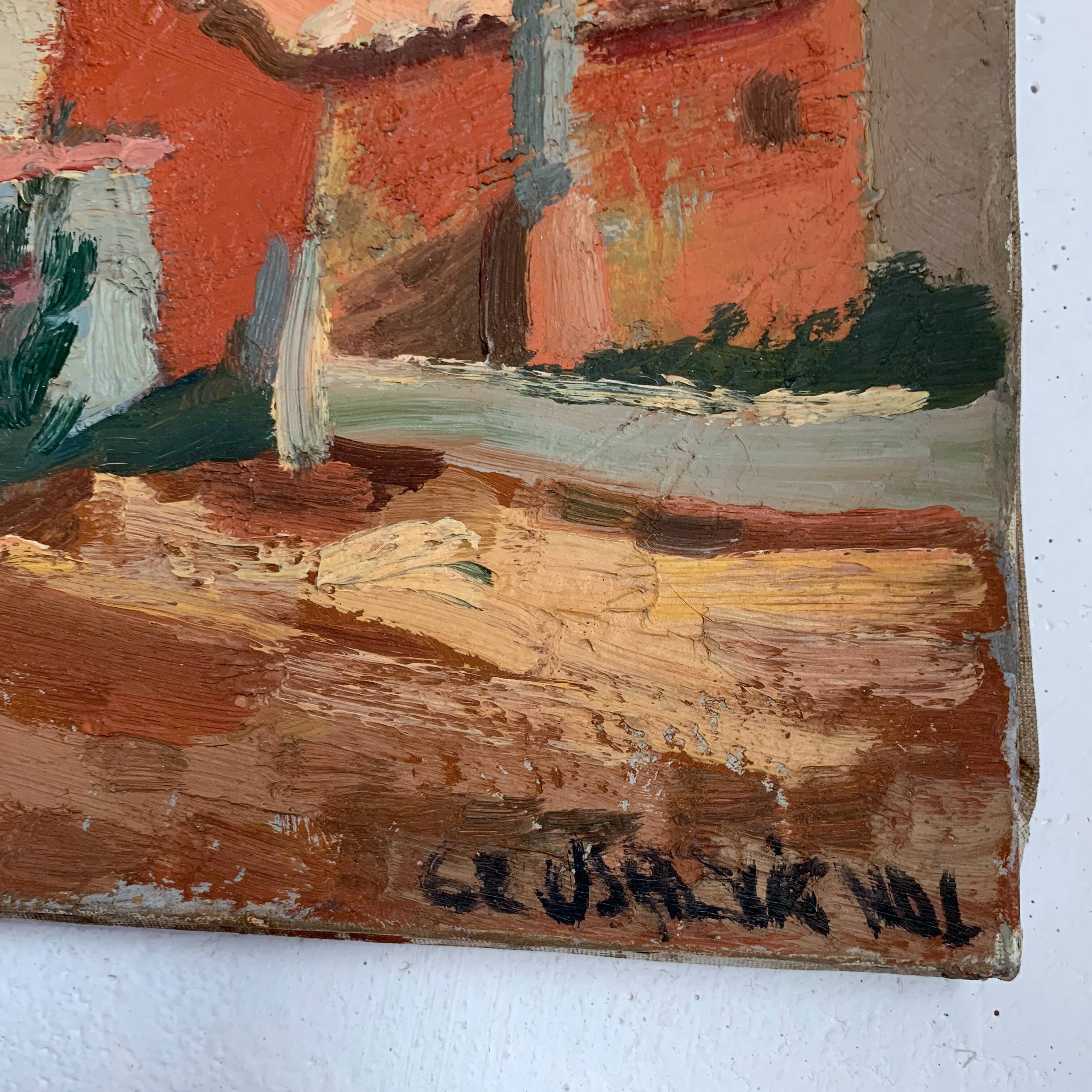 Ancient oil painting on canvas landscape of the south of France