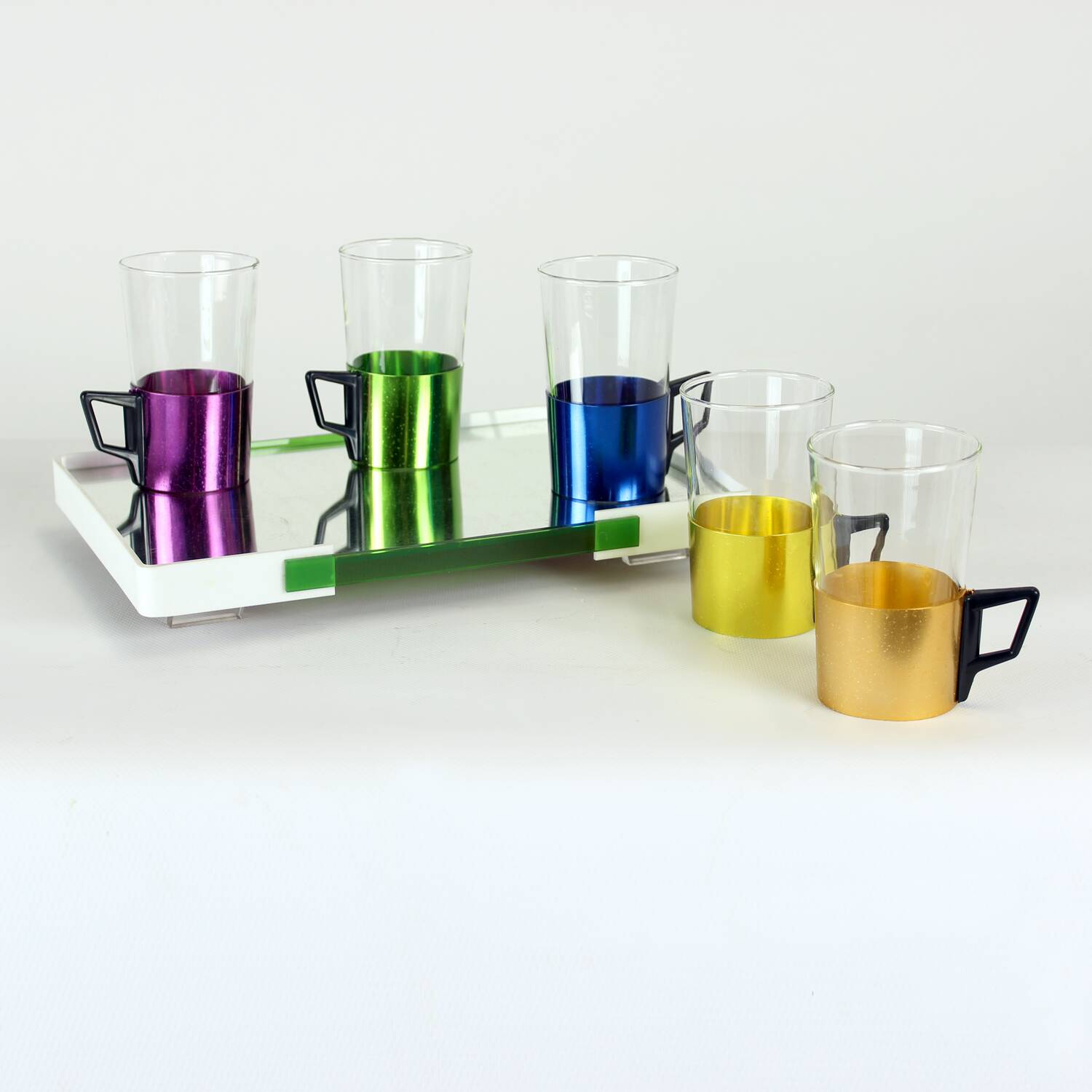 Set Of Colorful Drinking Glasses With A Tray, Czechoslovakia 1960s