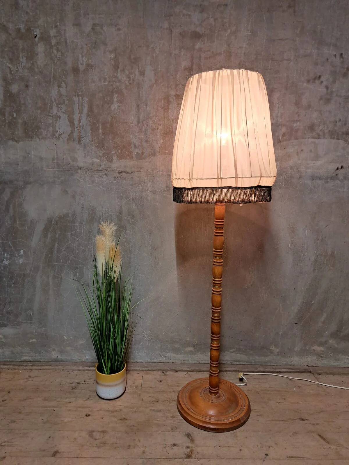 Vintage Wooden Floor Lamp with Pleated Shade, 1970s