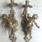 Pair of bronze wall lights, angels, cherubs, cherubs