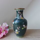 Vintage cloisonné green chinese vase with flower and bird pattern