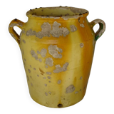 Grande vinaigrette ancienne française à glaçure jaune et verte à motif de pot à confit