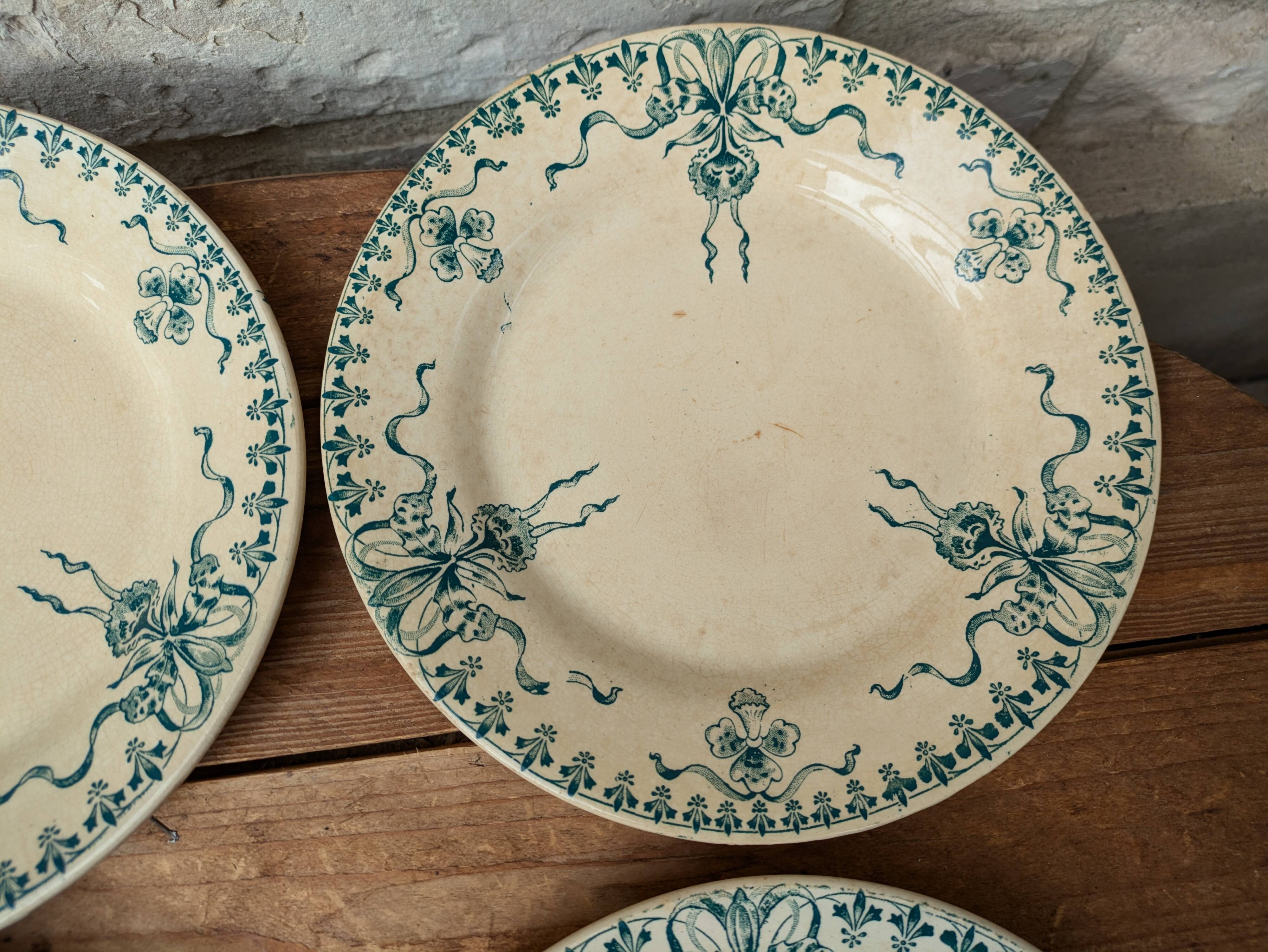 Set of 4 old opaque porcelain plates from Gien, Venice Terre de fer model