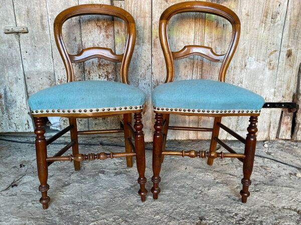 Paire chaise ancienne louis philippe bois + assise tissu bleu vintage