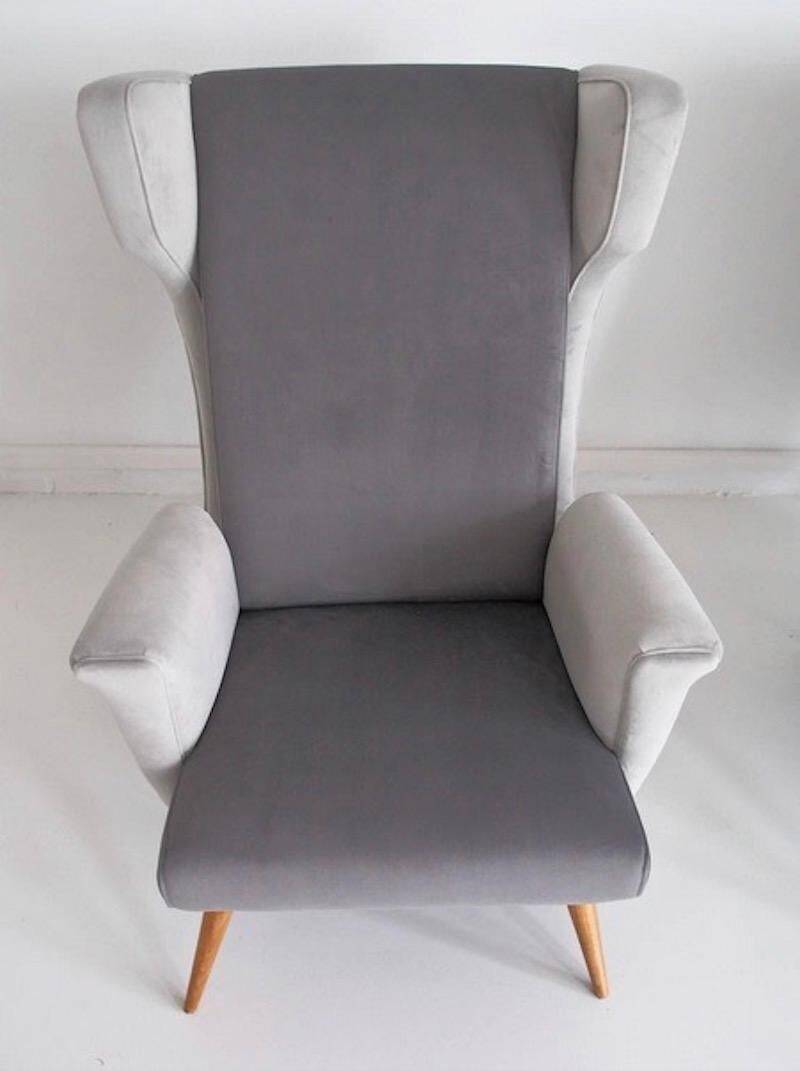 Pair of grey velvet armchairs in the style of Gio Ponti.