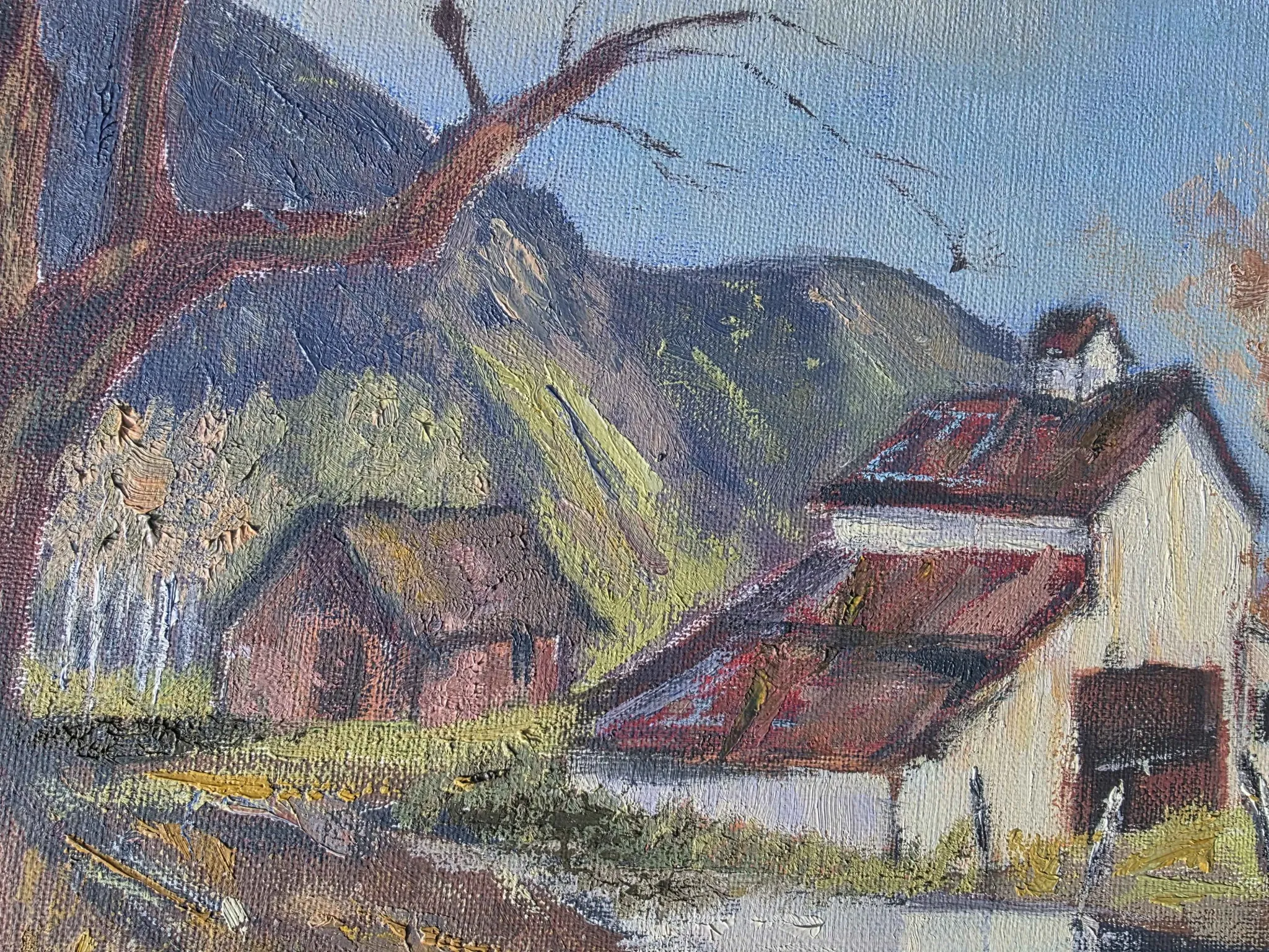 Vintage Oil Landscape Painting - Impasto Barn Scene
