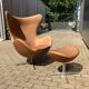 Fritz Hansen Egg Chair + Ottoman, Camel Cognac leder 1968 !!