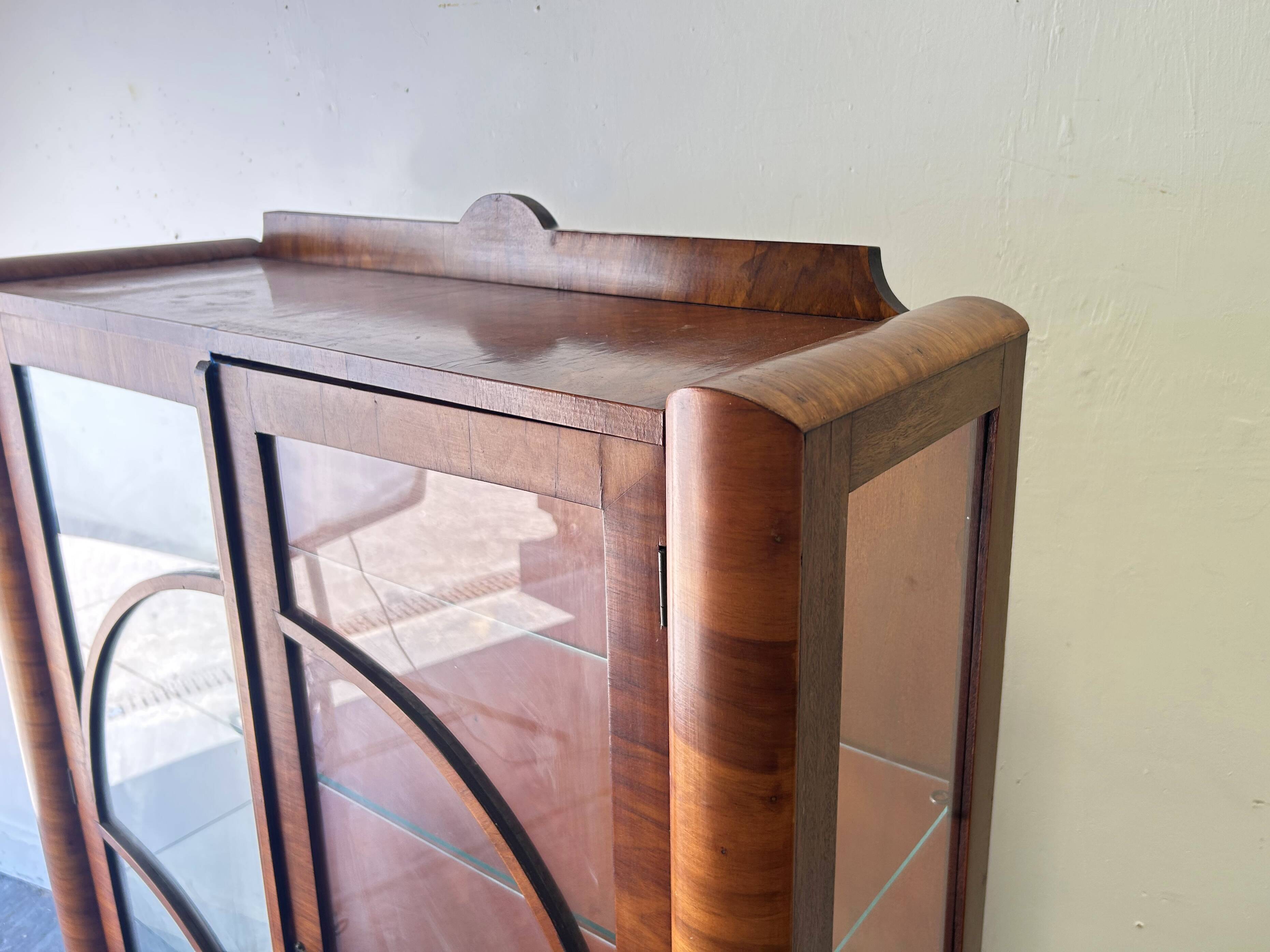 Original Art Deco Figured Walnut Display Cabinet Cabriole Legs 1930s