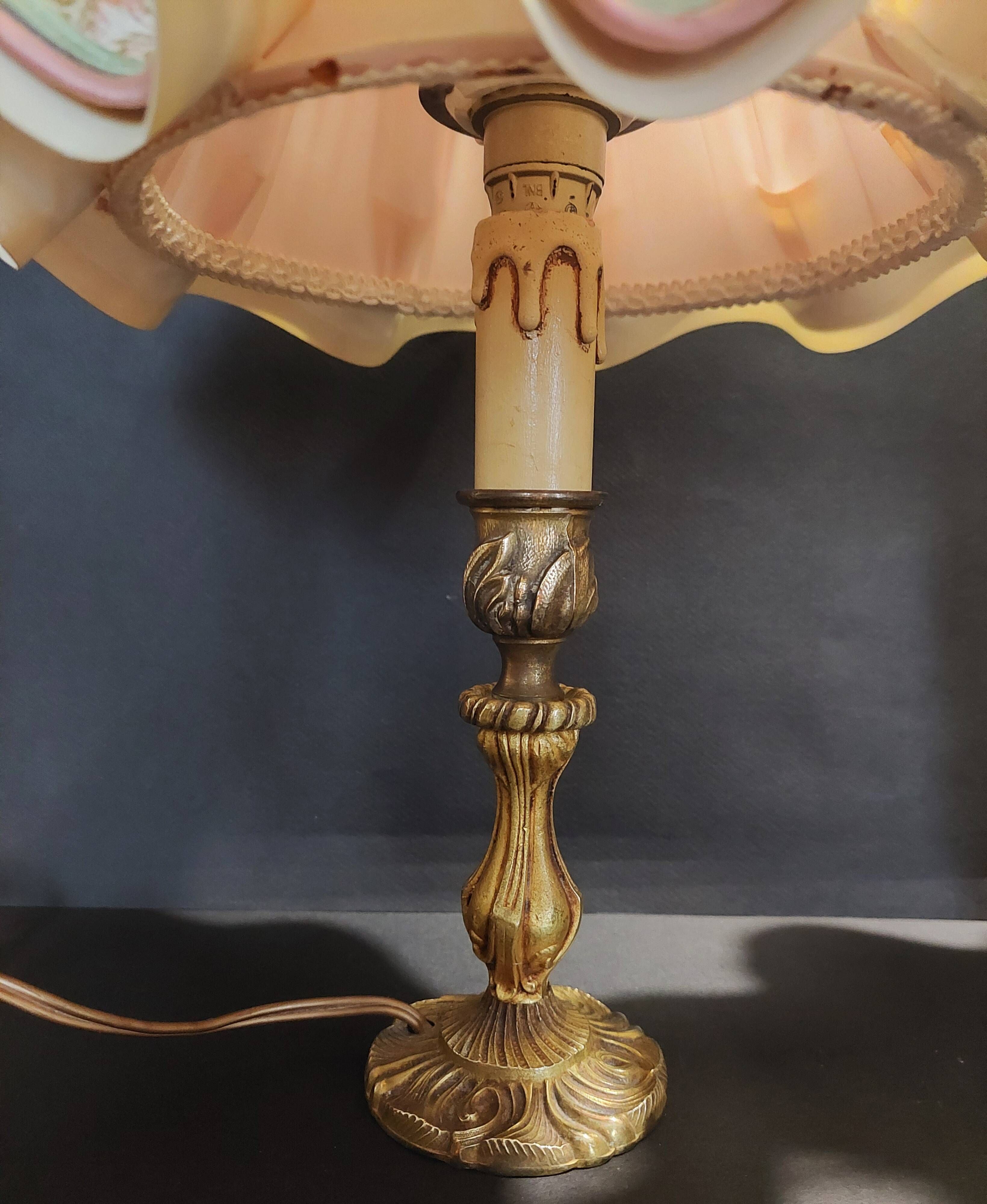 Pair of vintage bedside lamps with brass petticoat shades, 20th century