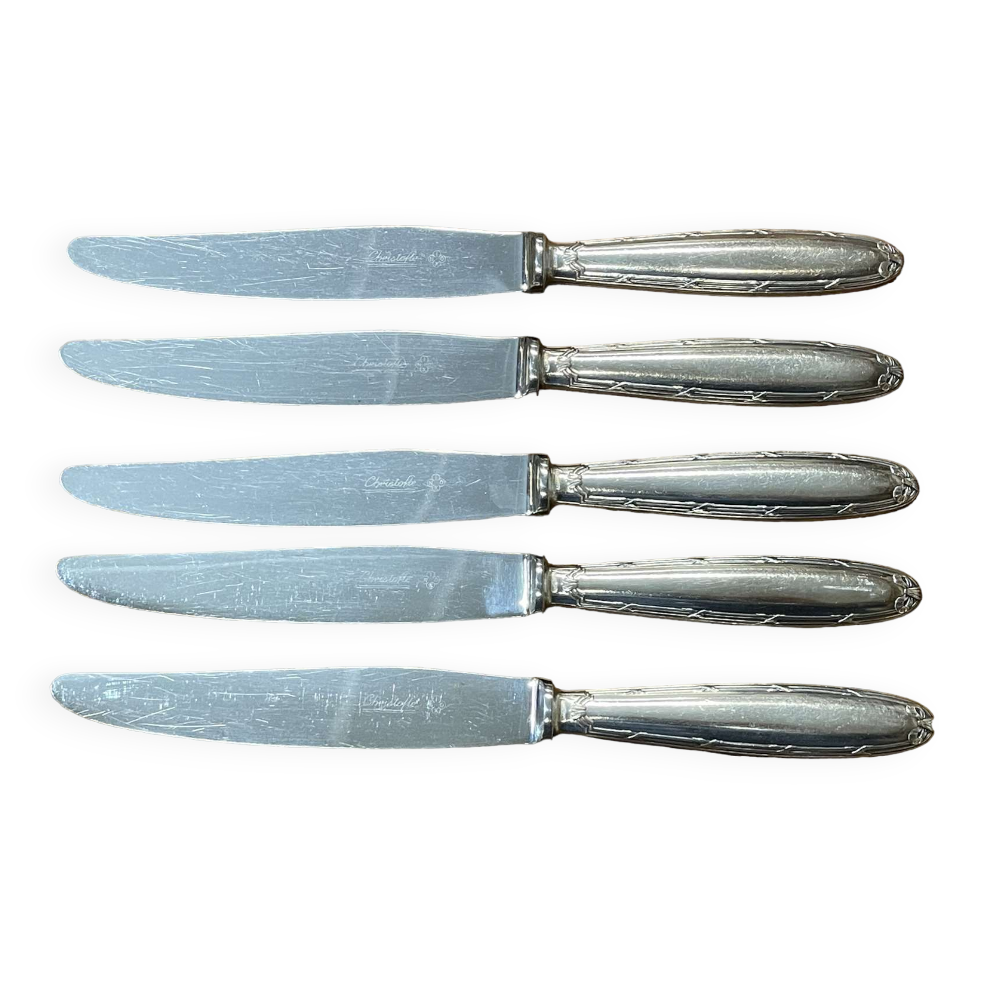 Series of 5 large Christofle knives model Ribbons