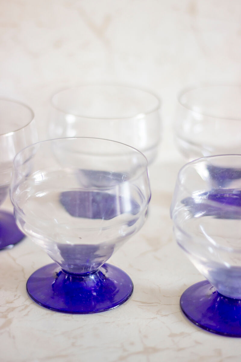 5 verres pied bleu style art déco