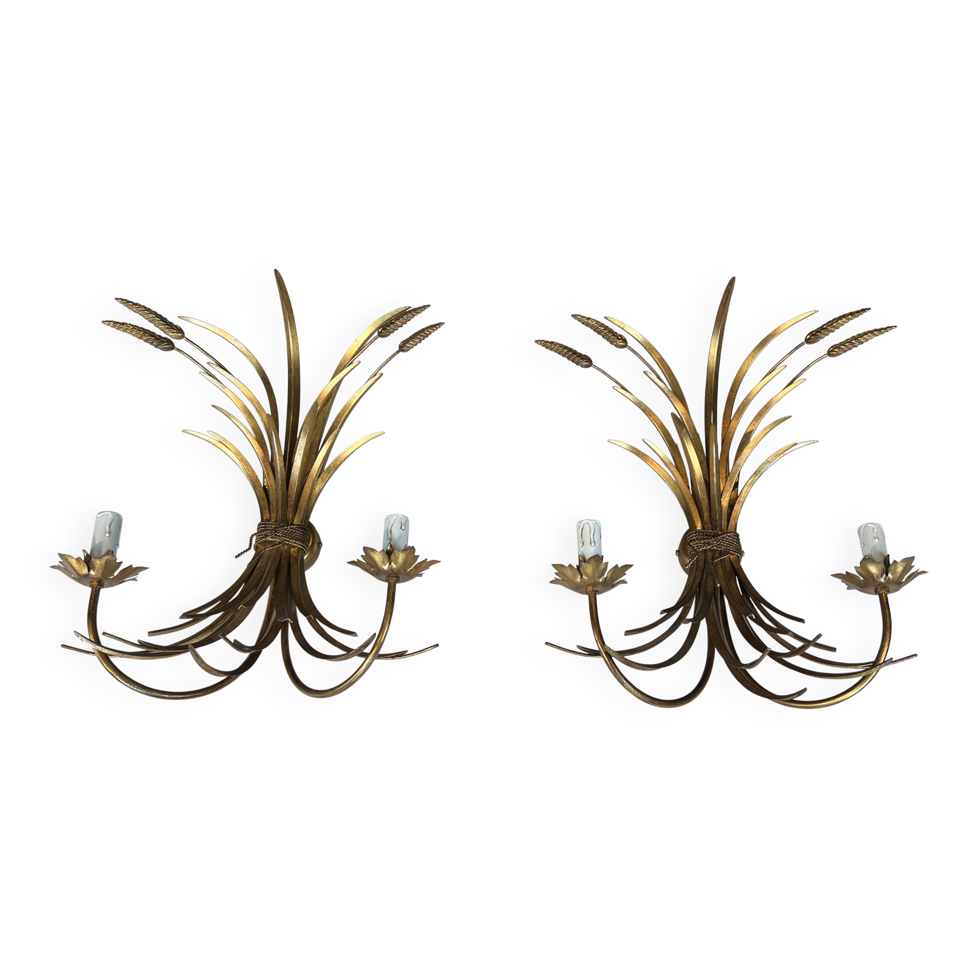 Pair of Golden Metal Wall Lights with Wheat Sheaf Decoration, Circa 1970