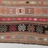 Tapis kilim ancien pastel, teintes délavées rose & vert, charme bohème,