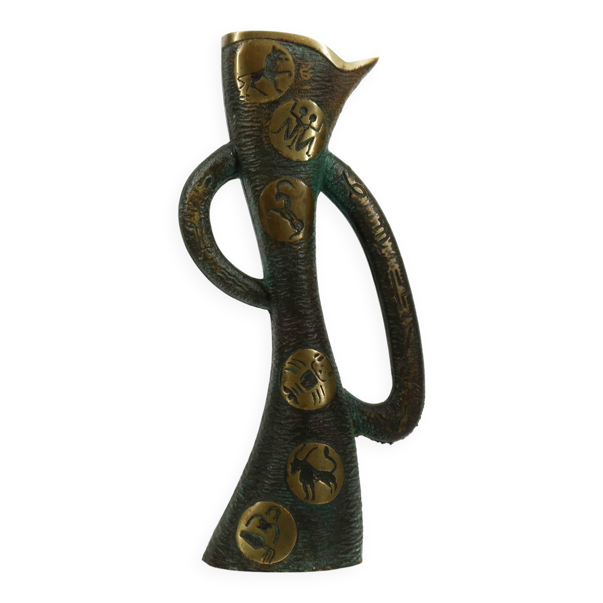 Brutalist Bronze Vase with the Twelve Signs of the Zodiac