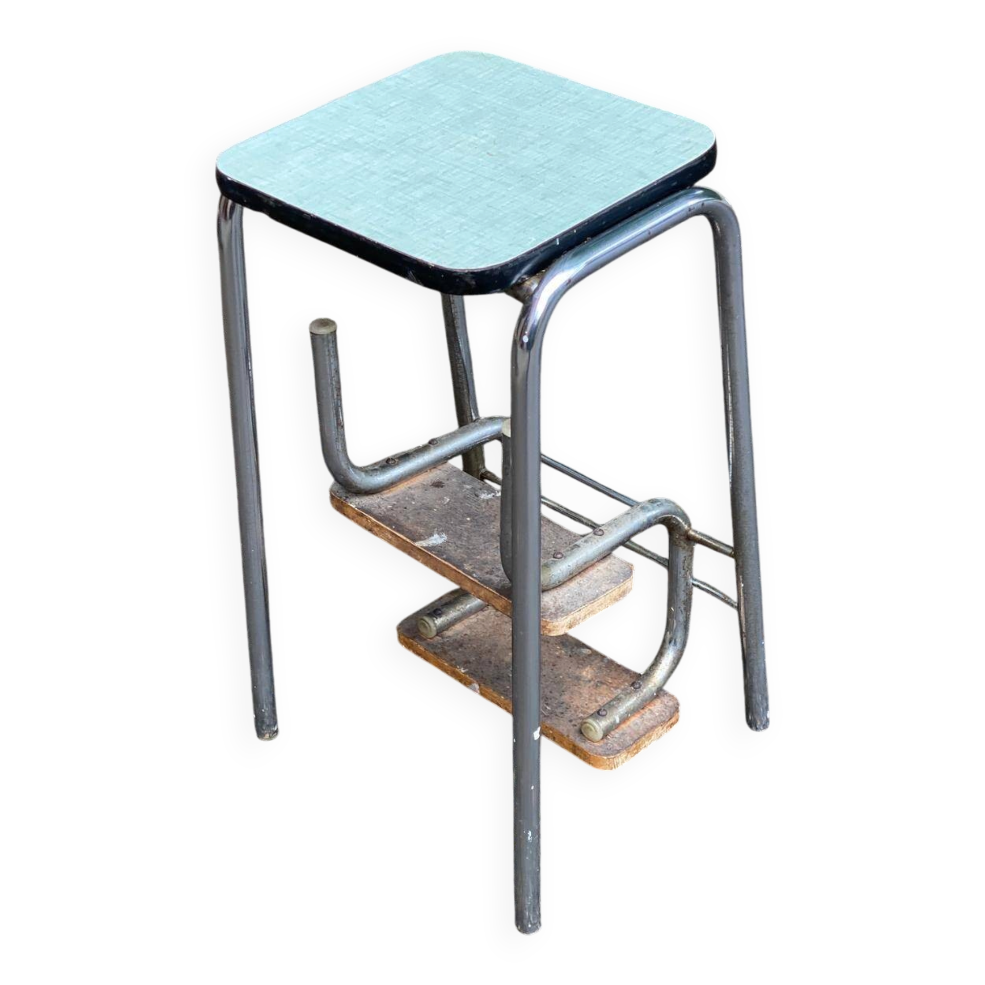 Folding stool in chrome steel, blue formica and solid wood.