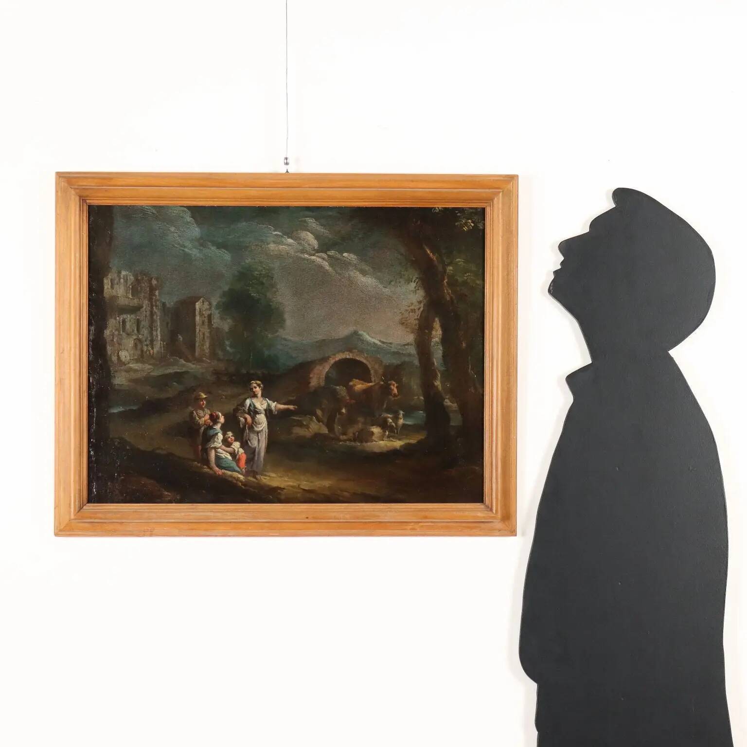Peinture ancienne paysage avec figures, huile sur toile, XVIIIe siècle