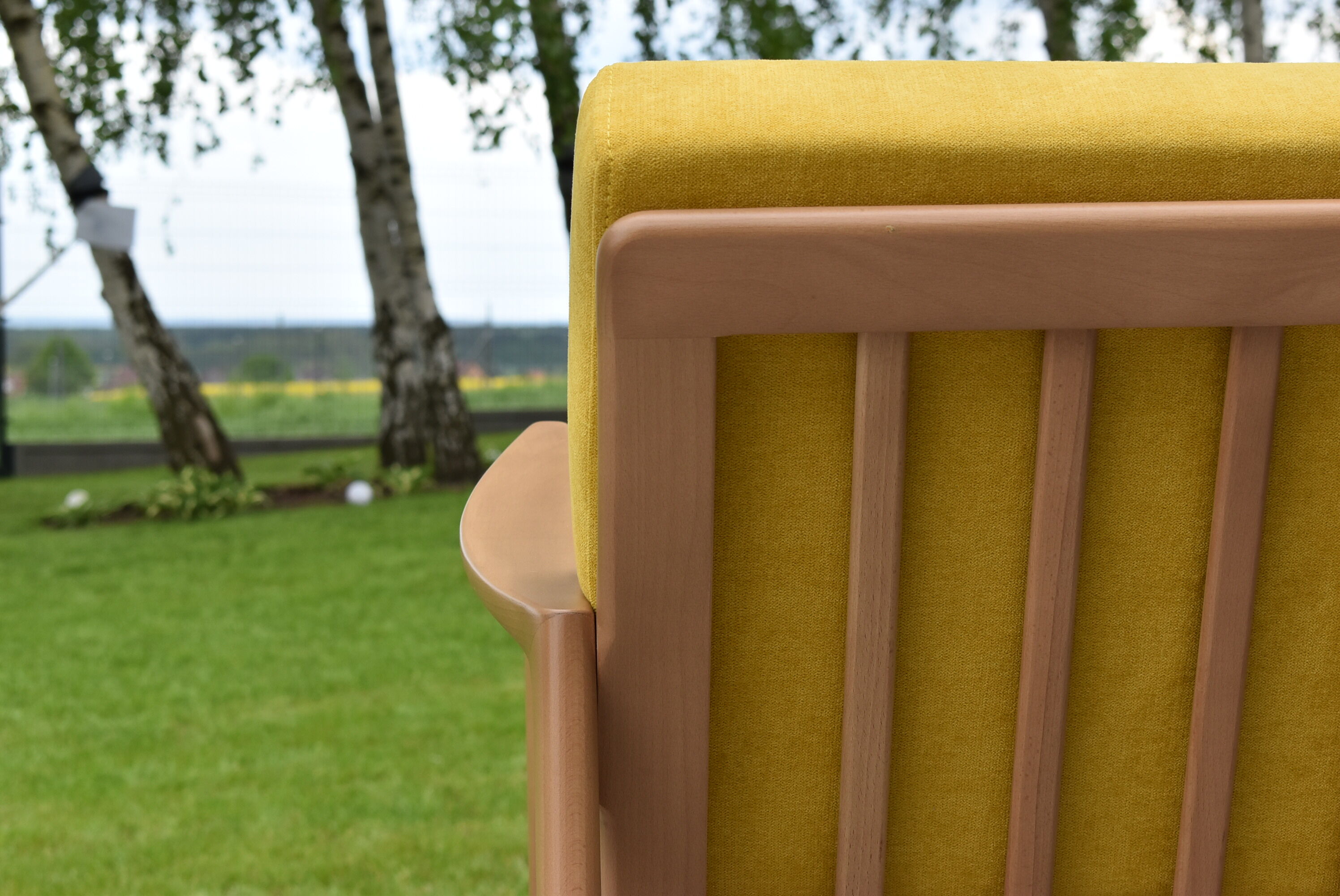 Scandinavian armchair, yellow fabric, natural wood