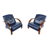 Pair of bentwood and blue leather armchairs, 1970s