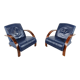 Pair of bentwood and blue leather armchairs, 1970s