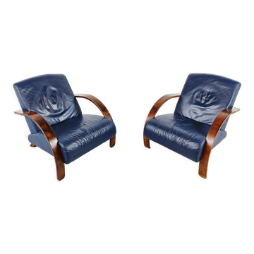 Pair of bentwood and blue leather armchairs, 1970s