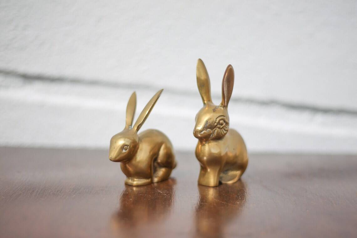 Pair of brass rabbit, rabbit statue, brass animal, rabbit figurine, collection, rabbit, brass rabbit