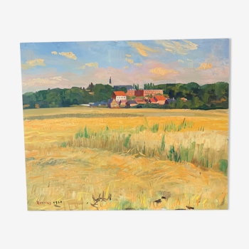 Peinture huile sur panneau, paysage rural