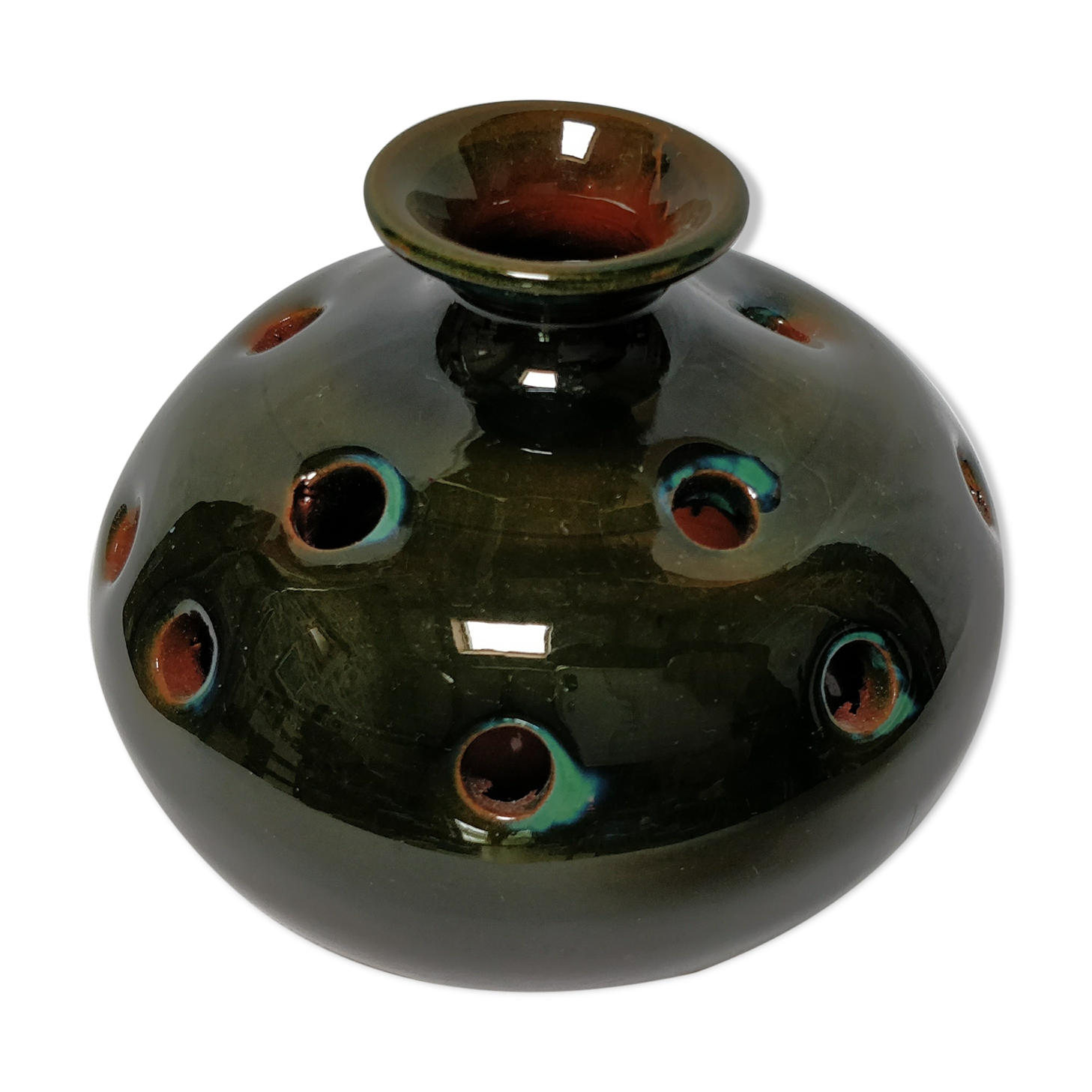 Vase rond pique fleurs en céramique verte