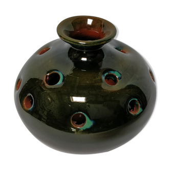 Vase rond pique fleurs en céramique verte