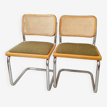 Pair of Marcel Breuer cane and fabric chairs