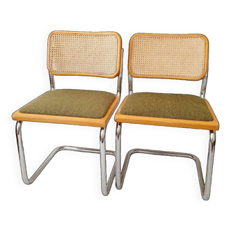 Pair of Marcel Breuer cane and fabric chairs