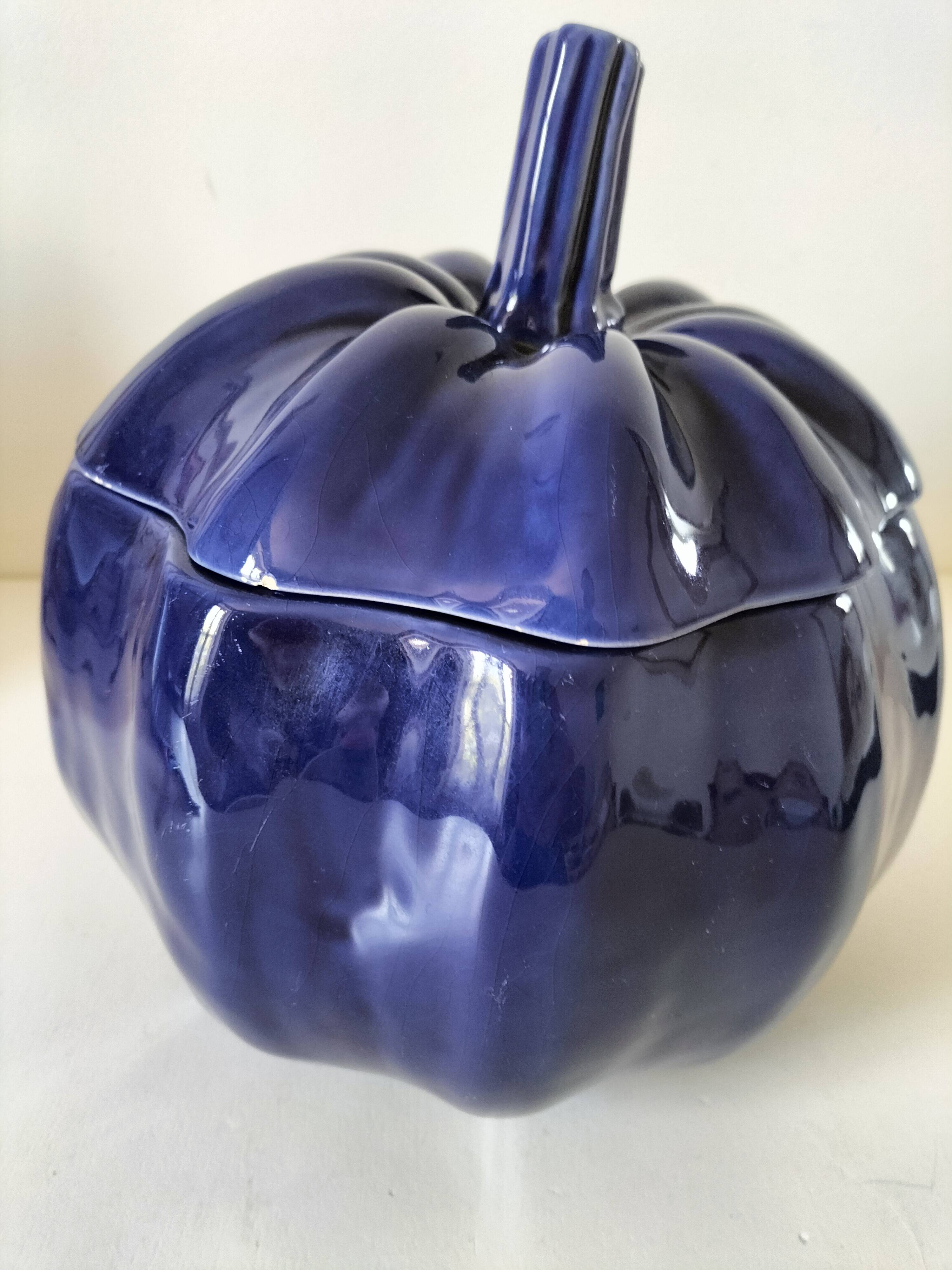 Large vintage soup tureen in glazed ultramarine ceramic