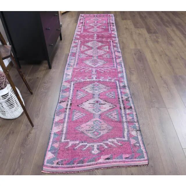 1970s Turkish handmade wool purple runner rug 76x340